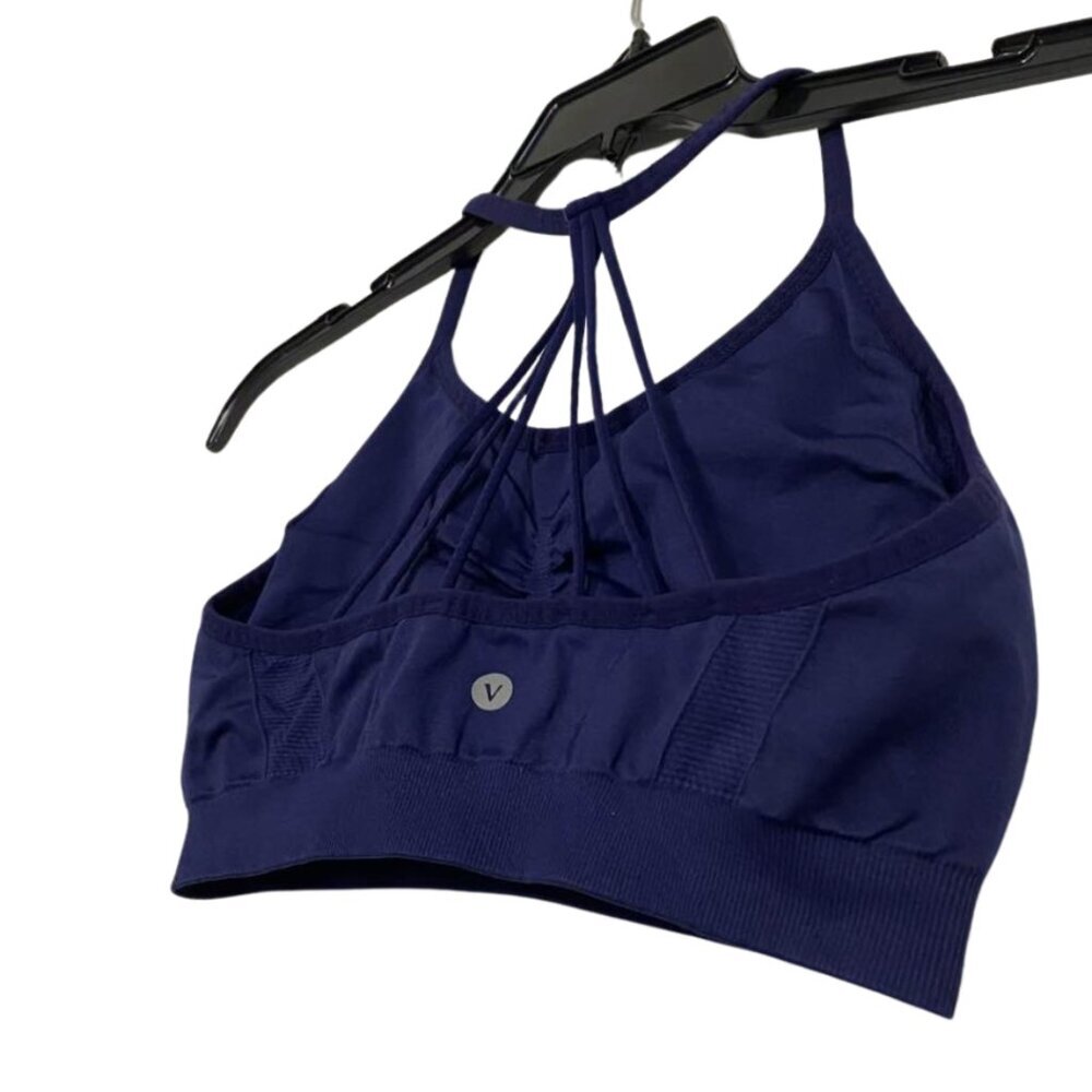 Velocity Strappy Back Sports Bra Workout Gear Navy Blue With Logo